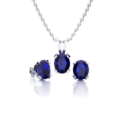 Oval-Cut Sapphire Necklace & Earring Jewelry Set in Sterling Silver