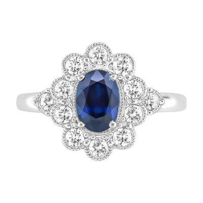 Oval Sapphire & Diamond Halo Ring in 10k White Gold