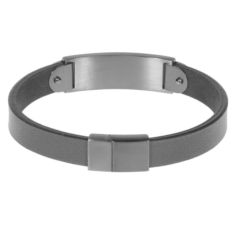 Men's 13mm Black Leather Bracelet in Black Plated Stainless Steel image number null