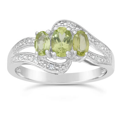 Triple Oval Peridot and White Topaz Ring in Sterling Silver 