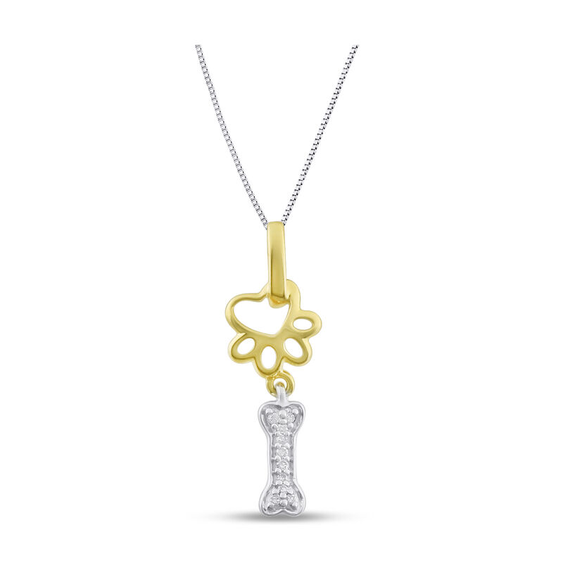Paw Print & Diamond Dog Bone Pendant in Sterling Silver & 10k Yellow Gold image number null