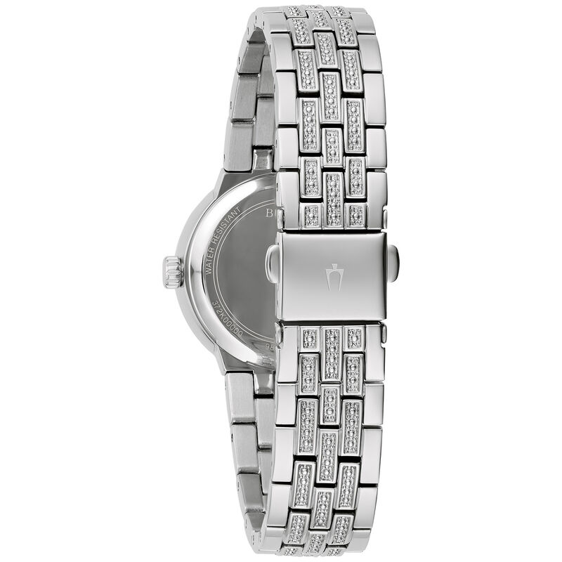 Bulova Ladies Stainless Steel White Mother of Pearl Dial with Crystal Markers Bezel Bracelet 28.5mm & Cross Pendant Crystal Watch Set 96X163 image number null