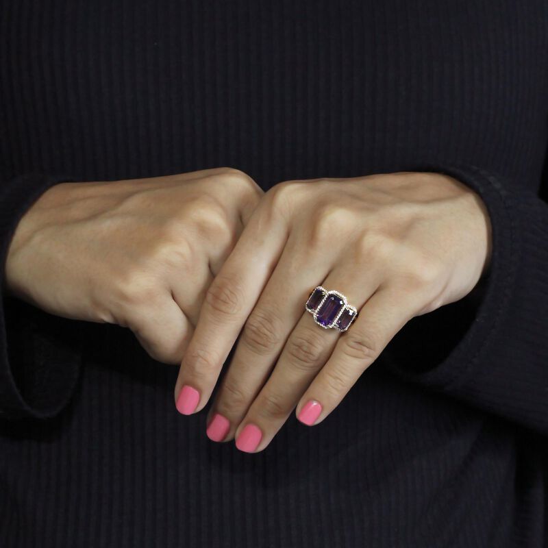 Emerald-Cut Amethyst Diamond 3-Stone Band in 10k Yellow Gold image number null