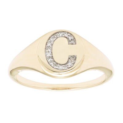Diamond Initial C Signet Ring in 14k Yellow Gold