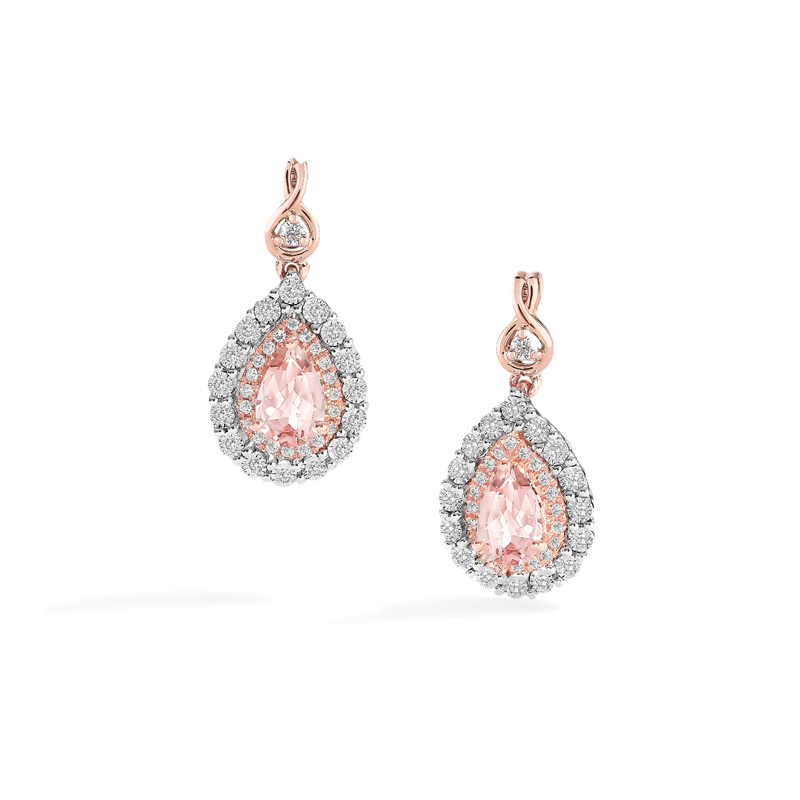Pear-Shaped Morganite & Diamond Halo Drop Earrings in 10k White & Rose Gold image number null