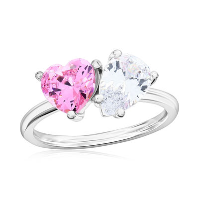 Pink Heart White Pear-Shaped Cubic Zirconia You & Me Ring in Sterling Silver