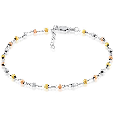 Tri-Color Beaded Anklet in Sterling Silver