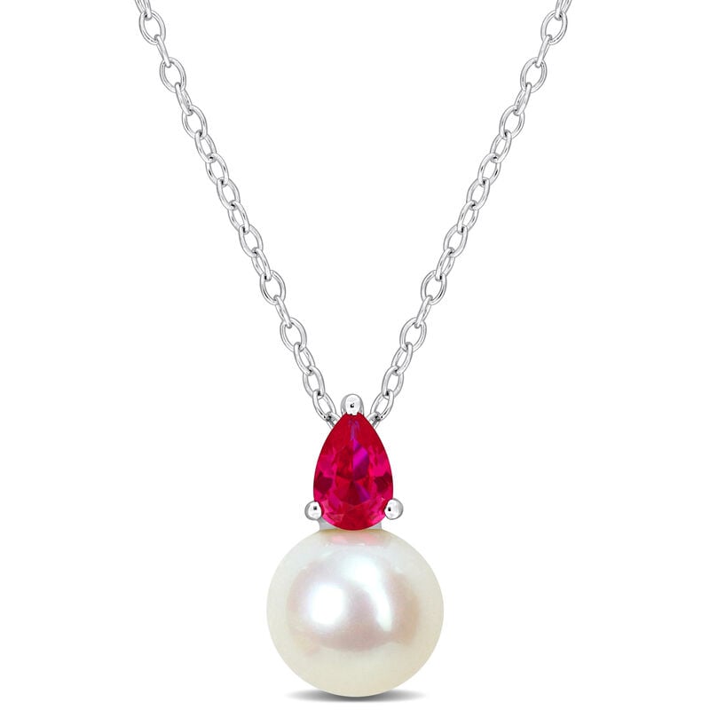 Created Ruby & Freshwater Cultured Pearl Necklace in Sterling Silver image number null