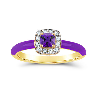 Cushion-Cut Amethyst Halo Enamel Ring in Yellow Gold Plated Sterling Silver