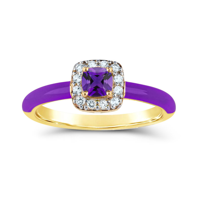 Cushion-Cut Amethyst Halo Enamel Ring in Yellow Gold Plated Sterling Silver image number null