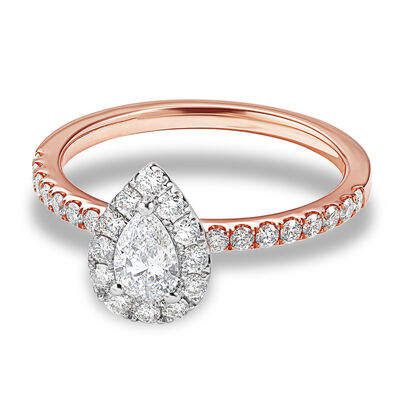 Austin. Pear-Shaped Diamond Halo Engagement Ring 7/8ctw. in 14k White & Rose Gold