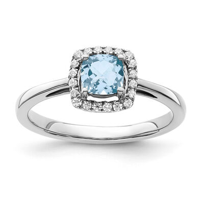 Cushion-Cut Aquamarine & Diamond Halo Ring in Sterling Silver