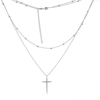Cross Double Layer Fashion Necklace in 14k White gold