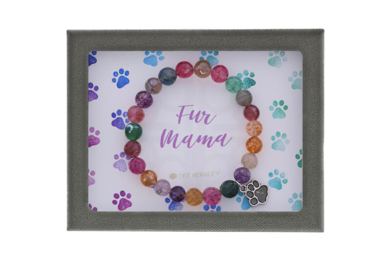 "Fur Mamma" 8mm Colorful Quartz With Silver Paw Charm 7" Bracelet image number null