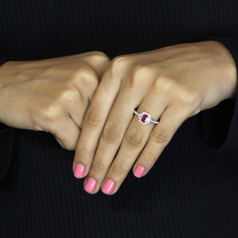 Emerald-Cut Ruby & Diamond Halo Ring in 10k White Gold image number null