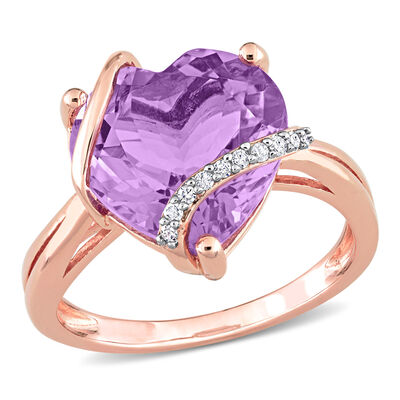 Heart-Shaped Amethyst & Diamond Wrapped Ring in Rose Gold Plated Sterling Silver