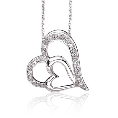 Double Diamond Heart Pendant in Sterling Silver