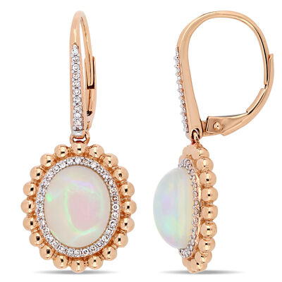 Ethiopian Blue-Hued Opal & Diamond Drop Earrings in 14k Rose Gold