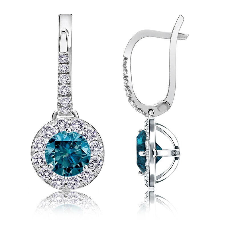 Drop 1½ct. Blue Diamond Halo Earrings in 14k White Gold image number null
