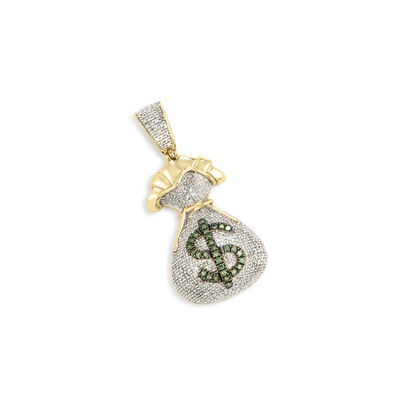Men's Money Bag Green & White Diamond Pendant 3/4ctw in 10k Yellow Gold
