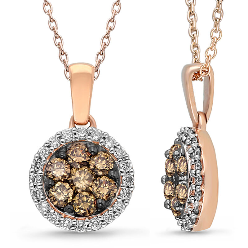 Champagne & White Cluster Halo Pendant in 14k Rose Gold image number null