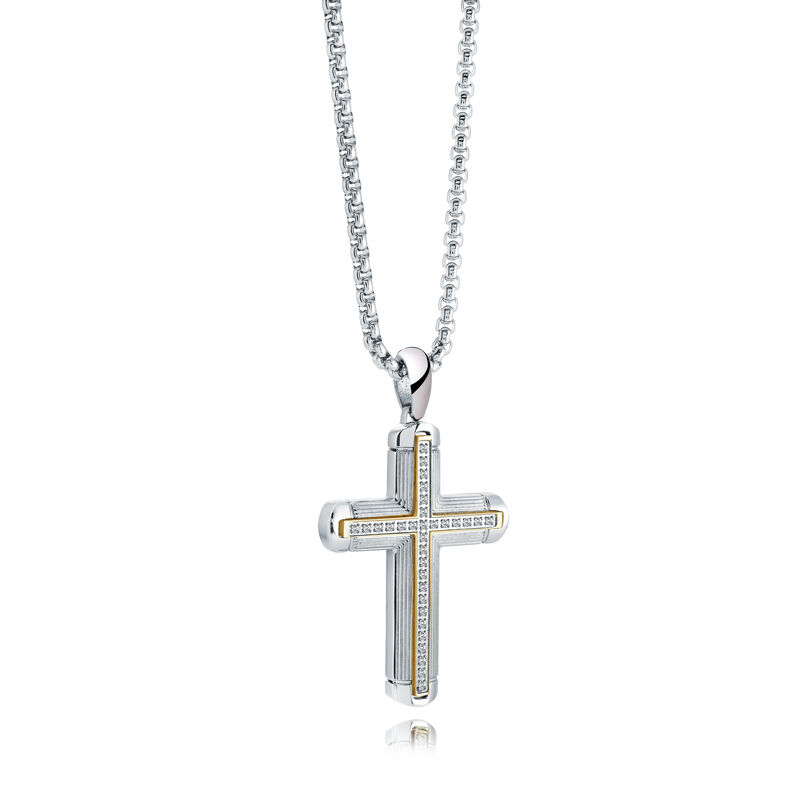 White Cubic Zirconia Inlay Cross Necklace in Gold Plated Stainless Steel image number null