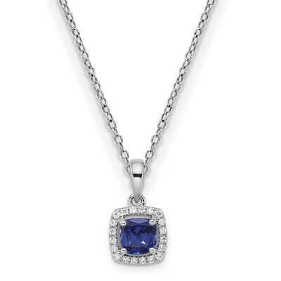 Cushion-Cut Created Blue Sapphire & Diamond Halo Pendant in Sterling Silver