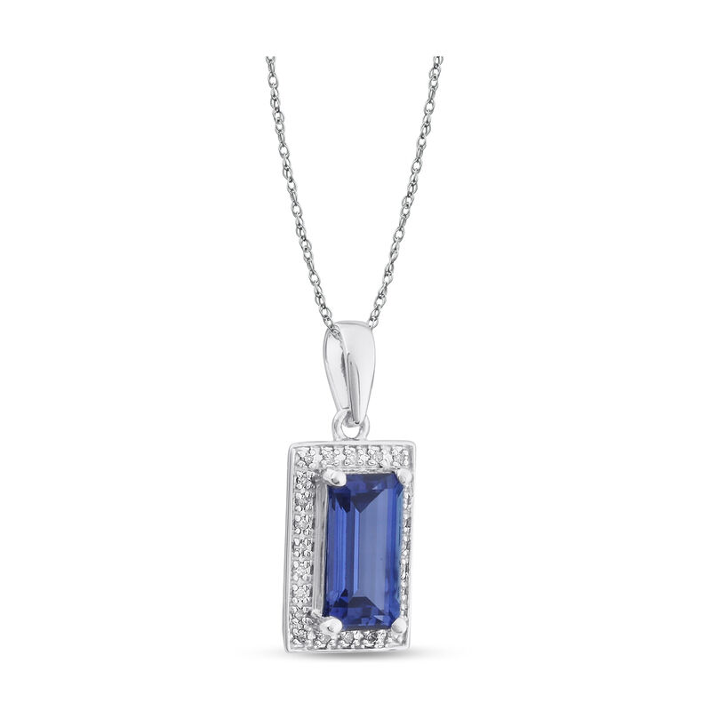 Baguette-Cut Created Blue Sapphire & Diamond Halo Pendant in Sterling Silver image number null