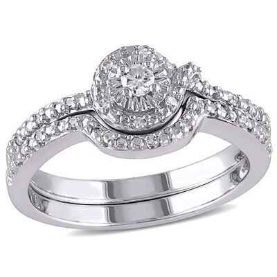 Diamond Halo 1/7ctw. Ring + Band 2-Piece Ring Set in Sterling Silver
