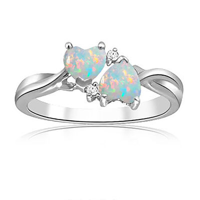 Double Heart Created Opal & Diamond Ring