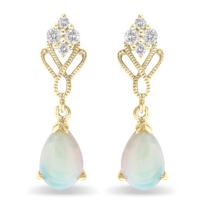 Pear Shape Opal & Diamond Dangle Earrings in 10k Yellow Gold