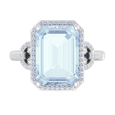 Martha Stewart Emerald Cut Aquamarine and Lab Grown Diamond Halo Ring in Sterling Silver
