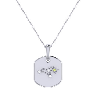 Diamond and Peridot Leo Constellation Zodiac Tag Necklace in Sterling Silver