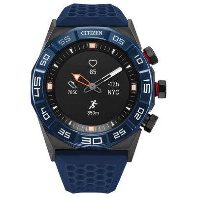 Citizen CZ Smart 44mm Black IP Stainless Steel Hybrid Heart Rate Smartwatch with Blue Silicone Strap JX1008-01E