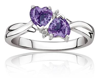 Double Heart Amethyst & Diamond Ring in Sterling Silver