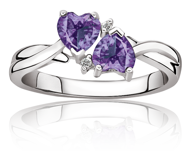 Double Heart Amethyst & Diamond Ring in Sterling Silver image number null