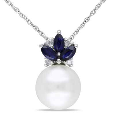Diamond, Sapphire & Freshwater Pearl Pendant 1/3ctw in 10k White Gold 