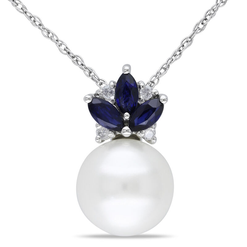 Diamond, Sapphire & Freshwater Pearl Pendant 1/3ctw in 10k White Gold  image number null