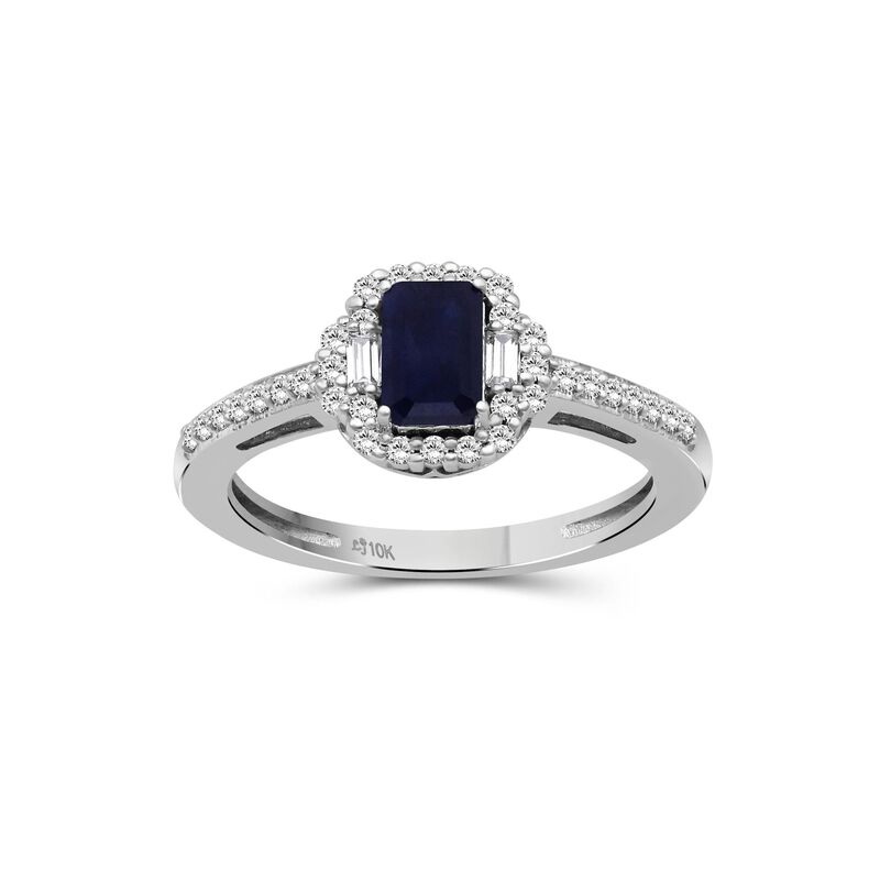 Emerald-Cut Sapphire & Diamond Halo Ring in 10k White Gold image number null