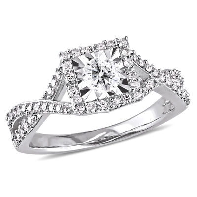 Diamond Halo Crossover 1/2ctw. Engagement Ring in Sterling Silver