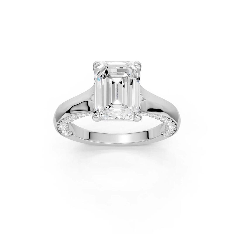 Emerald Lab Grown Diamond 3 1/2ctw. Tapered Engagement Ring with Round Diamond Shank in 14k White Gold image number null