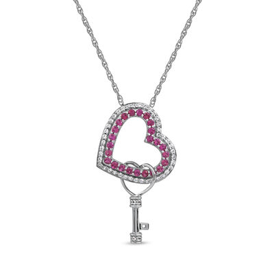 Created Ruby & Created White Sapphire Heart & Key Pendant in Sterling Silver