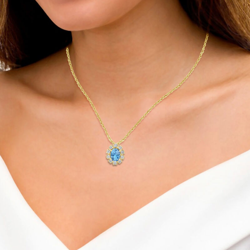 Oval-Cut Aquamarine & Diamond Halo Pendant in 10k Yellow Gold image number null