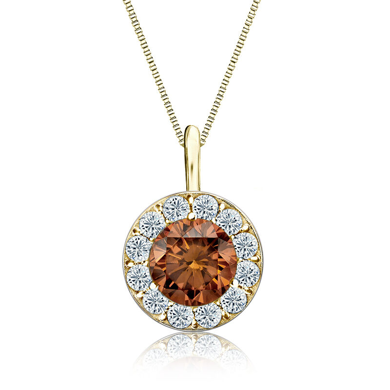 Champagne & White 1½ ct. Diamond Halo Pendant in 14k Yellow Gold image number null