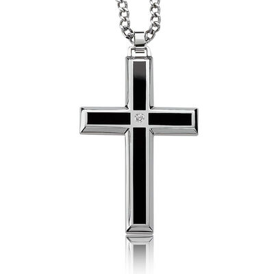 Men's Black Enamel & Diamond Cross Necklace in Stainless Steel
