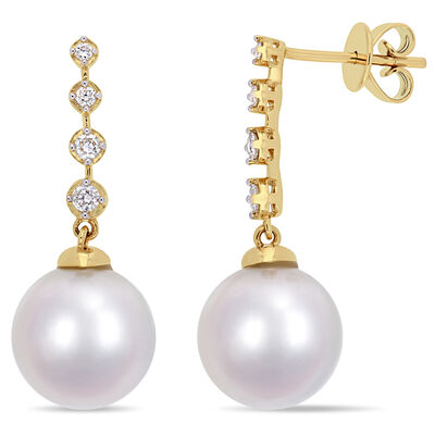 South Sea Pearl & Diamond Link Dangle Earrings in 14k Yellow Gold