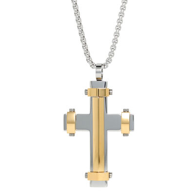Men's Stainless Steel Yellow Gold-Ion Plate Cross Necklace 24"