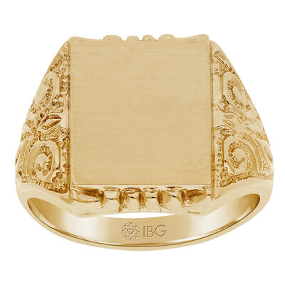 Satin Top and polished Sides Signet Ring 14x12mm in 14k Yellow Gold