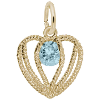 March Birthstone Held in Love Heart Charm in Sterling Silver/ Gold Plated