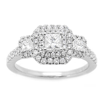 Makenna. Princess-Cut 1ctw. Diamond 3-Stone Halo Engagement Ring in 14k White Gold